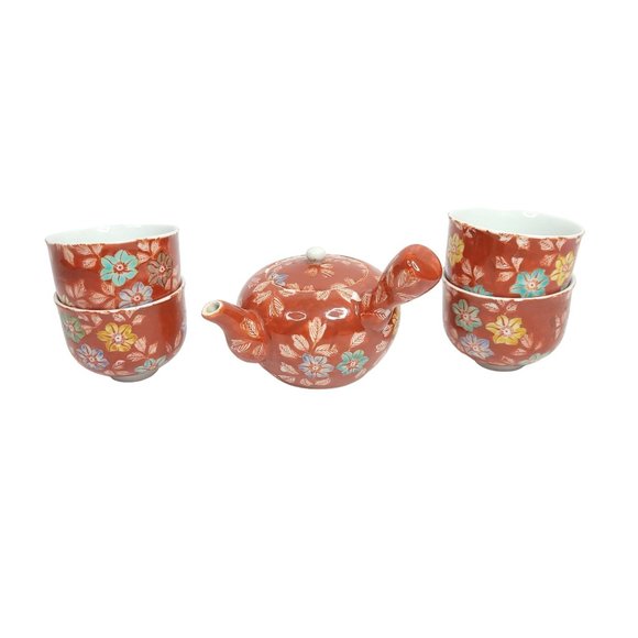 Kyusu Teapot with 4 Cups Small Tea Set Asian Rusty Red Floral Bowl Vase Tea Saki - Picture 12 of 12